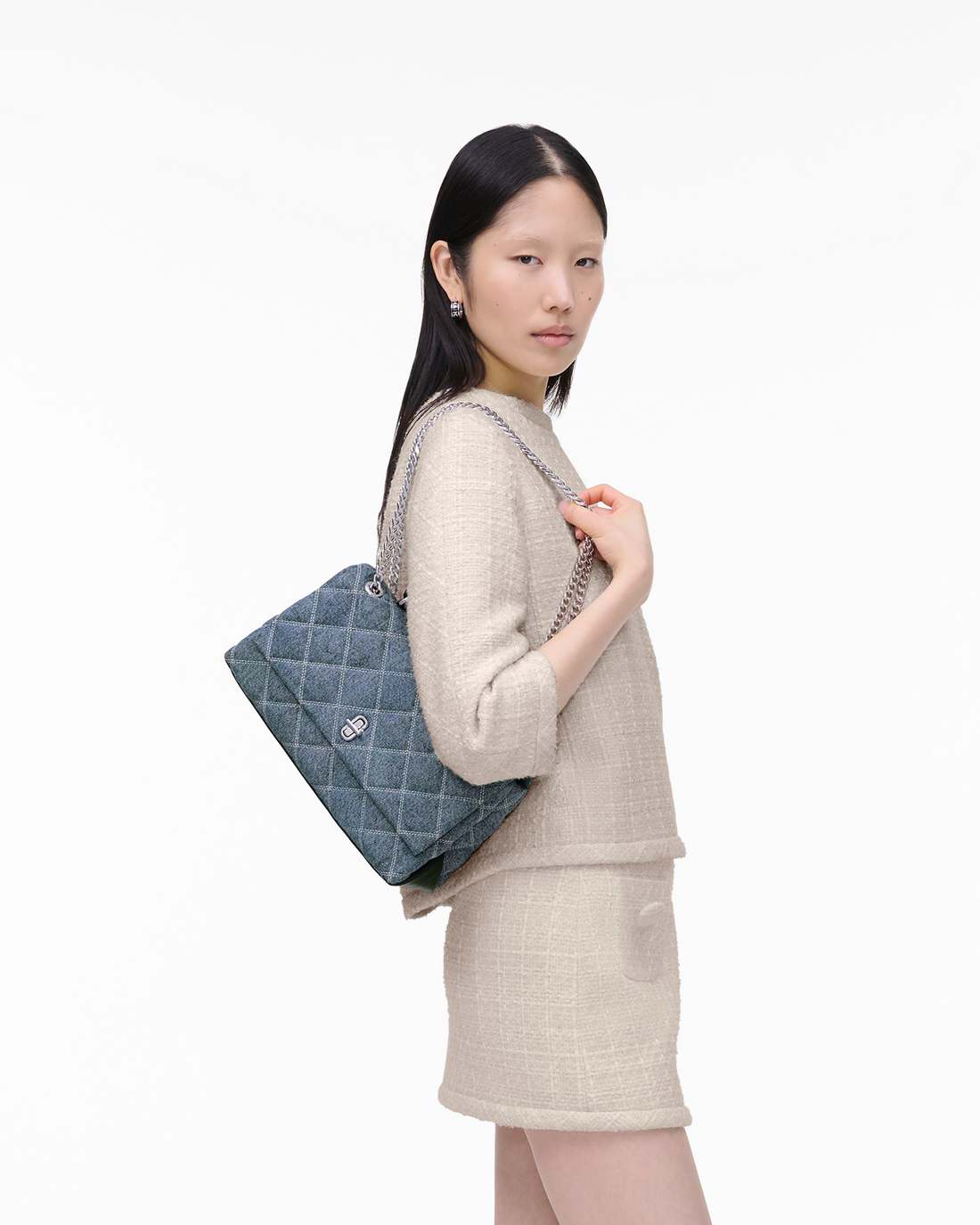 Marc Jacobs Everyday | The Quilted Denim Dual Convertible Shoulder Bag Light Wash Indigo